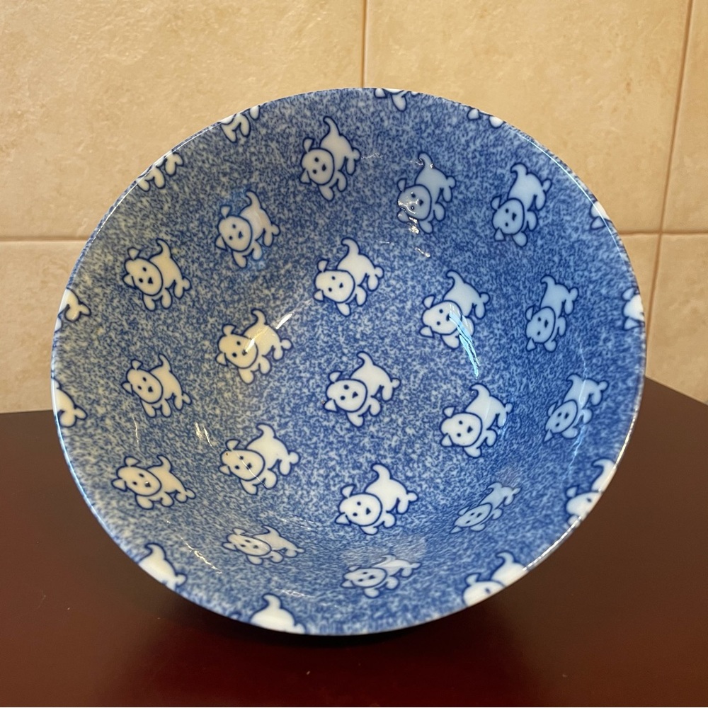 SET OF 2 JAPAN DOG DESIGN BLUE & WHITE CERAMIC BOWLS Soup Noodle Pet - Picture 2 of 15